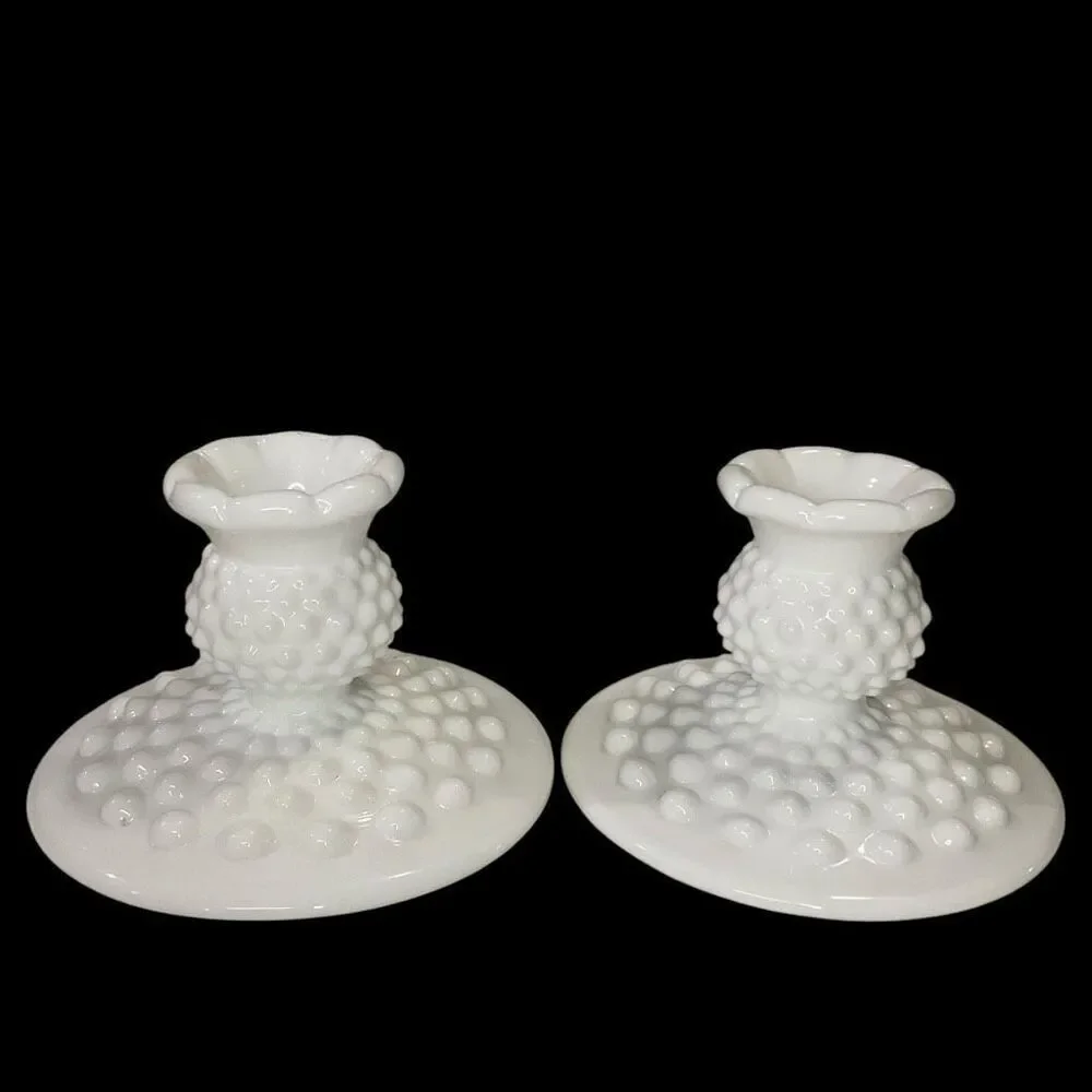 Vintage‎ Fenton Hobnail 2 Piece Candle Holder Set White Milk Glass Romantic Gift